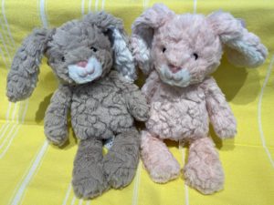 stuffed plush bunnies, pink and gray