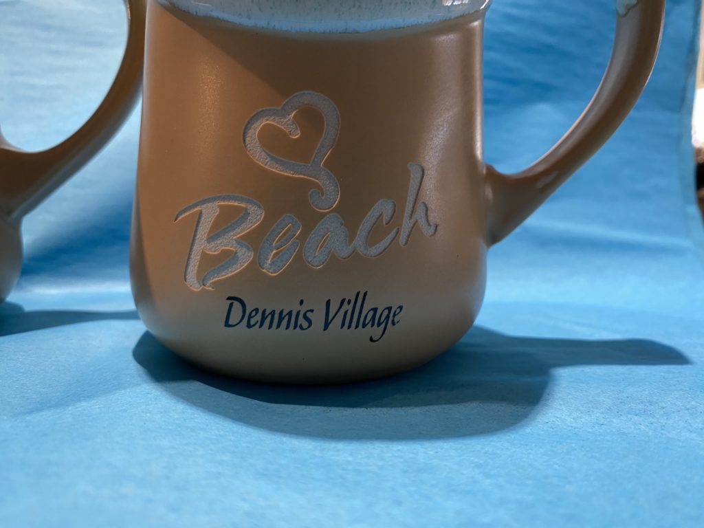 close-up Cape Cod ceramic beach mug: Dennis Village